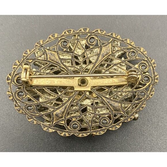 Vintage Brooch Green Matrix Glass & Jadeite Color Cab Gold Tone Filigree Granny - Picture 4 of 8